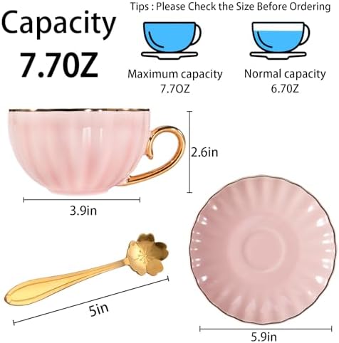 ICHAG Cups and Saucers Set of 6, Coffee Mugs, Tea Cups Set with Bowknot, Tea Set, 18-piece, Cup with 8.4oz, Golden Spoon, For Tea Party, Christmas Gifts, Gifts for Home Office