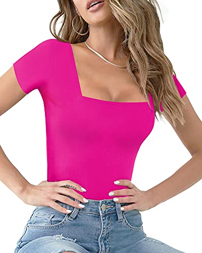 MANGOPOP Womens Short Sleeve/Long Sleeve Square Neck T Shirts Tops Tees (Short Sleeve Rose Pink, Medium)