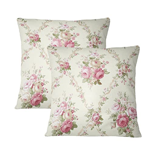 Vintage Floral Throw Pillow Covers Set of 2 Pink Rose Flowers Leaf Pillow Cases Shabby Chic Couch Cushion Cover for Sofa Bedroom Living Room, 18" x 18", Beige Pink