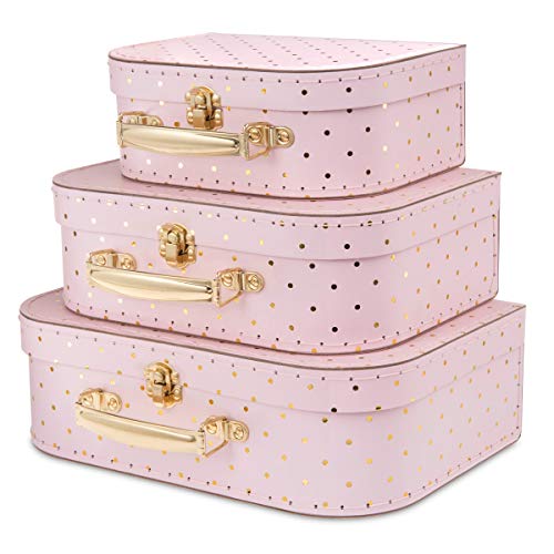 Jewelkeeper Paperboard Suitcases, Set of 3 – Nesting Storage Gift Boxes for Birthday Wedding Easter Nursery Office Decoration Displays Toys Photos – Pink and Gold Dot Design