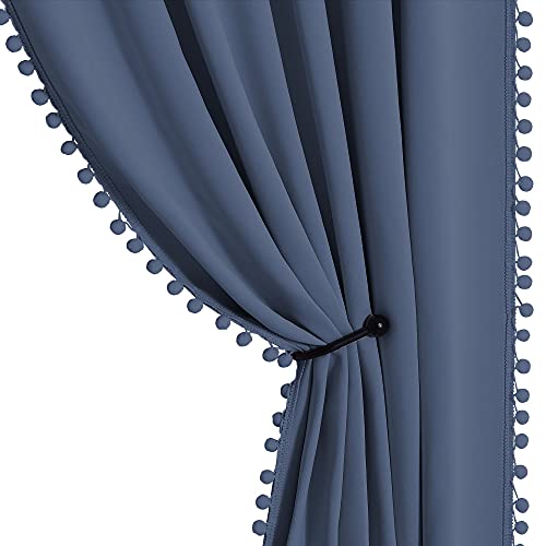 StangH Blue Pom Pom Blackout Curtains 63 inch for Bedroom, Thermal Insulated Energy Saving Window Decoration Panels for Kitchen/Small Short Windows/Hotel, Stone Blue, W52 x L63, 2 Panels