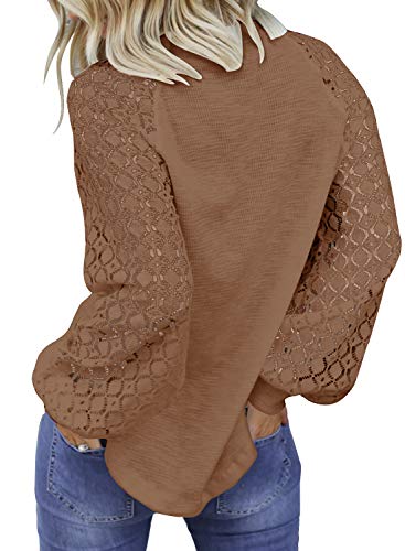 MIHOLL Women’s Long Sleeve Tops Lace Casual Loose Blouses T Shirts Coffee