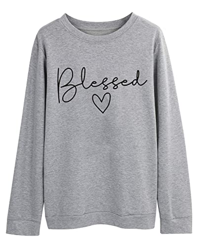 Blessed Sweatshirt for Women Letter Print Lightweight Thanksgiving Pullover Tops Blouse (Grey, Medium)
