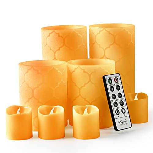 Set of 8 Real Wax Nordic Tile Pillar & Votive Flickering LED Flameless Candles w/Remote & Timer  (4 colors)