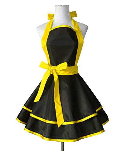 Hyzrz Lovely Handmade Cotton Retro Black Aprons for Women Girls Cake Kitchen Cook Apron for Mother's Gift (Yellow)