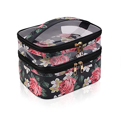 imerelez Double-layer Cosmetic Bag Toiletry Bag Large Travel Makeup Pouch Organizer Bag for Girls Women, Portable Waterproof Foldable (Black Flower)