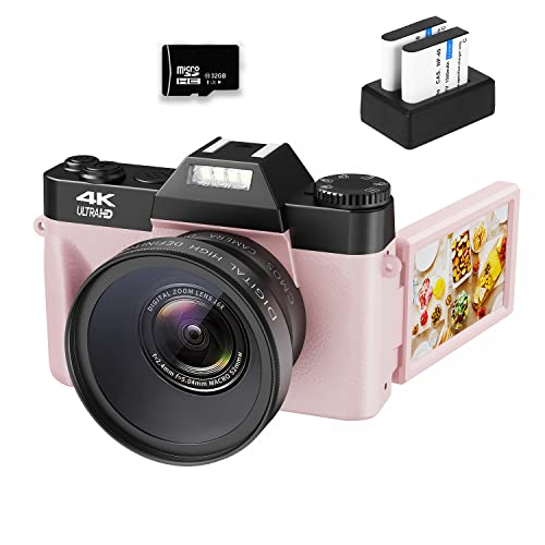 VJIANGER 4K Vlogging Camera for YouTube 48MP Digital Camera for Photography and Video with Flip Screen, Autofocus, 16X Digital Zoom, 52mm Wide Angle & MacroLens, 32GB TF Card, 2 Batteries(Pink)