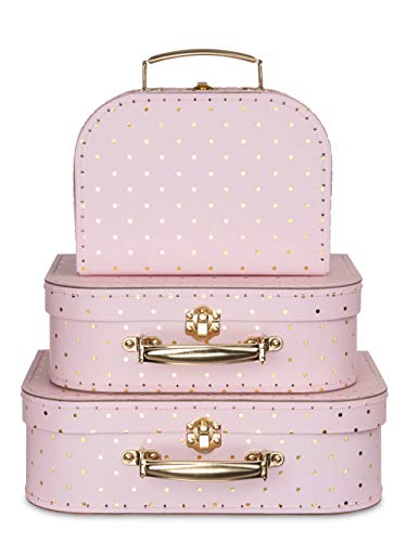 Jewelkeeper Paperboard Suitcases, Set of 3 – Nesting Storage Gift Boxes for Birthday Wedding Easter Nursery Office Decoration Displays Toys Photos – Pink and Gold Dot Design