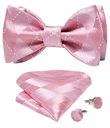 DiBanGu Pink Bow Ties for Men Plaid Bow Tie and Pocket Square Set Adjustable Self Tie Bow Tie Wedding Tuxedo