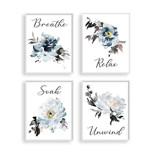 heilkee Navy Blue Bathroom Decor Botanical Wall Art Relax Soak Unwind Breathe Bathroom Pictures Modern Watercolor Flowers Art Prints 4 Pieces(UNFRAMED 8x10in)
