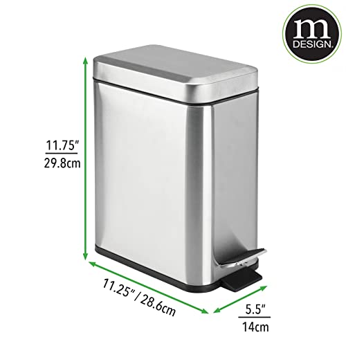 mDesign Small Modern 1.3 Gallon Rectangle Metal Lidded Step Trash Can, Compact Garbage Bin with Removable Liner Bucket and Handle for Bathroom, Kitchen, Craft Room, Office, Garage - Brushed