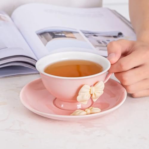 ICHAG Cups and Saucers Set of 6, Coffee Mugs, Tea Cups Set with Bowknot, Tea Set, 18-piece, Cup with 8.4oz, Golden Spoon, For Tea Party, Christmas Gifts, Gifts for Home Office