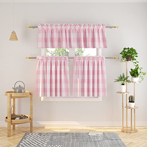 NATUS WEAVER 3 Pc Cotton Classic Country Farmhouse Kitchen Window Curtain -Pink & White Buffalo Check Tier & Valance Set, 54