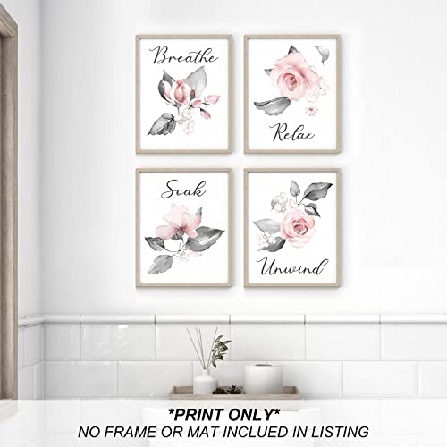 heilkee Pink Flower Wall Art Bathroom Grey Wall Decor Relax Soak Unwind Breathe Wall Pictures Bathroom Signs Set of 4(UNFRAMED 8x10in)