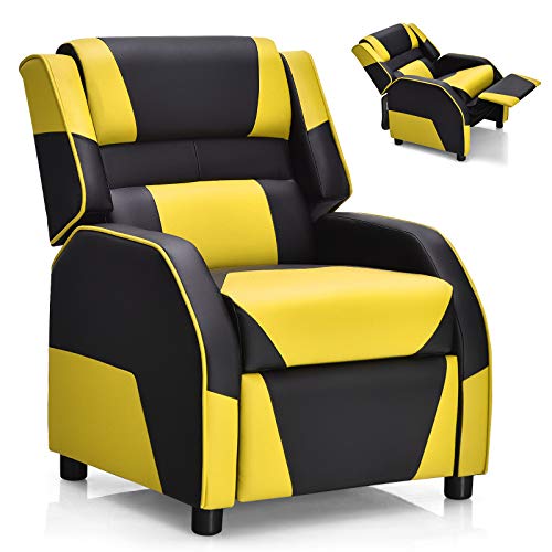 Costzon Kids Recliner, Gaming Recliner Chair w/Footrest, Headrest, Lumbar Support, Ergonomic Leather Lounge Chair for Living & Gaming Room, Adjustable Racing Style Sofa for Children Boys Girls, Yellow