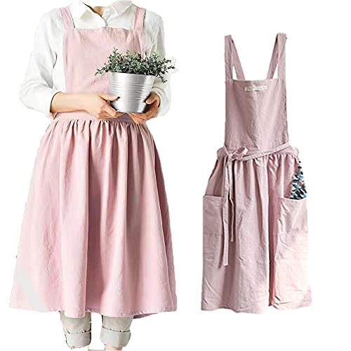 Womens Aprons Cotton and linen Cross Back Kitchen Cooking Aprons for Women with Pockets Cute for Baking Painting Gardening Cleaning（Pink）