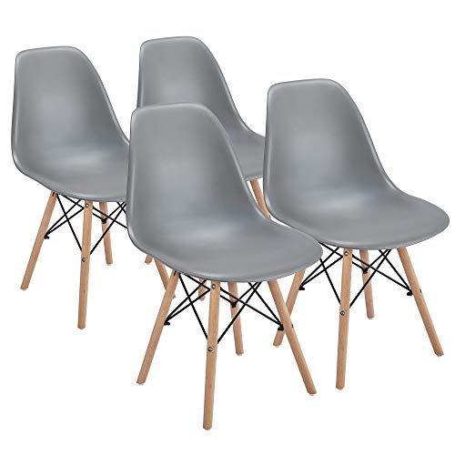 Yaheetech Dining Chairs with Beech Wood Legs and Metal Wires Modern Side Chairs Shell Eiffel DSW Chairs for Dining Room Living Room Bedroom Kitchen Lounge Reception, Set of 4, Gray
