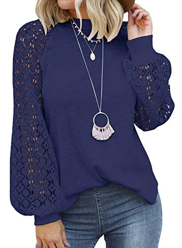 MIHOLL Women’s Long Sleeve Tops Lace Casual Loose Blouses T Shirts (Navy Blue, Small)