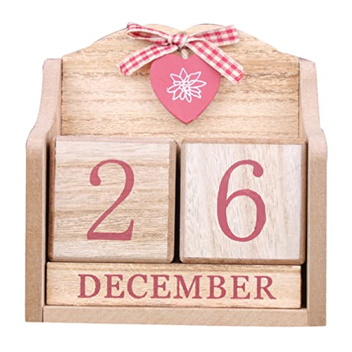 NUOBESTY Wood Desktop Calendar, Vintage Blocks Perpetual Calendar Date Display Calendar for Home Office Desk Rustic Decoration with a Pink Bow