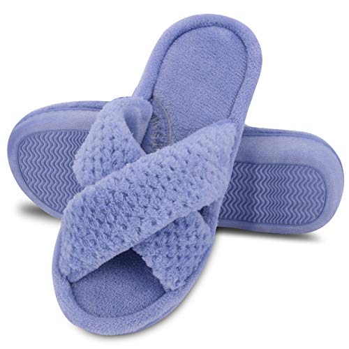 DL Women's Open Toe Cross Band Slippers, Memory Foam Slip on Home Slippers for Women with Indoor Outdoor Arch Support Rubber Sole, Lt Blue, 9-10