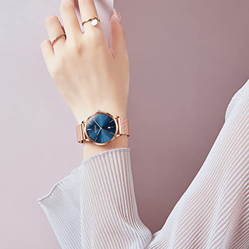Women's 2-Piece Rose Gold Watch Gift Set w/Blue Face & Gold Link Bracelet