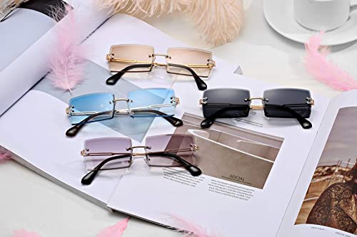 Rectangle Sunglasses for Men/Women Small Rimless Square Shade Eyewear ( Purple + Tea)