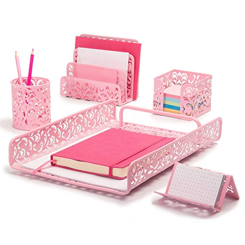 Pink Lace Vintage Design Home Office Desk Decor Accessories Set, 5 Pieces