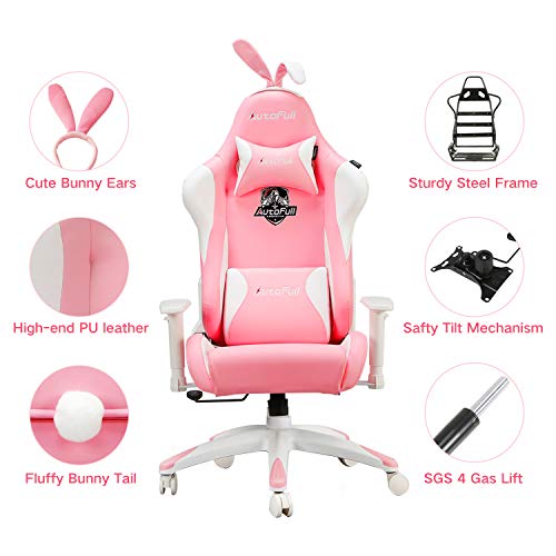 Ergonomic Pink Leather Gaming or Office Desk Chair w/Rabbit Ears and Lumbar Support
