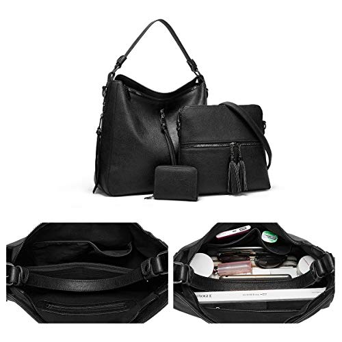 Women Fashion Handbags Wallet Tote Bag Shoulder Bag Top Handle Satchel Purse Set 3pcs (Black-C)