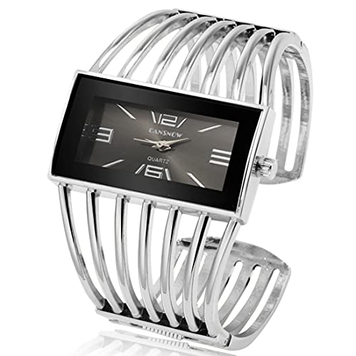 Fashion Cuff Bracelet Watches for Women Luxury Rectangular DialAnalog Quartz Wrist Watch Gifts for Ladies (Silver)