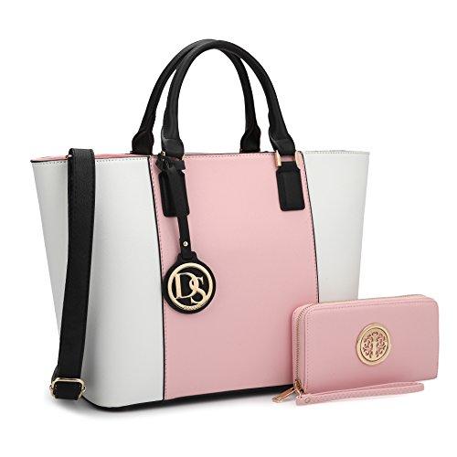 Large Tote Shoulder Bag w/Matching Wallet, Pink and White - Pink and Caboodle