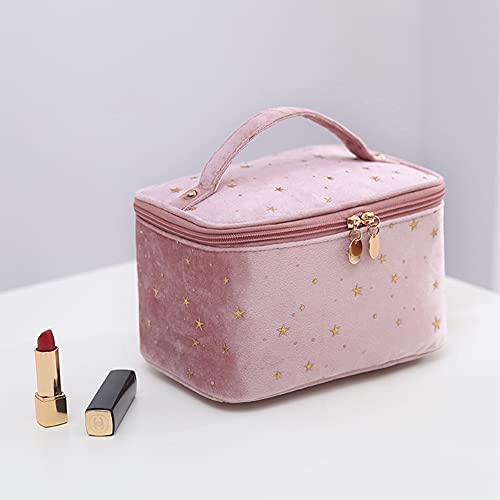 HOYOFO Velvet Makeup Bag with Handle Cosmetic Bags with Makeup Brush Holder Travel Make up Bag for Women, A Pink