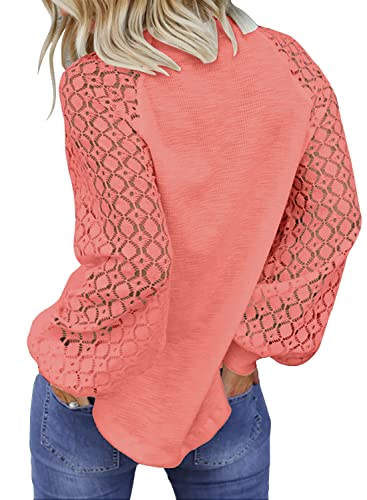 MIHOLL Women’s Long Sleeve Tops Lace Casual Loose Blouses T Shirts (Coral, S)