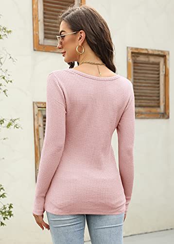 Women's V Neck Waffle Knit Henley Tops Casual Long Sleeve Pullover Sweater Blouses (Light Pink-2, X-Large)