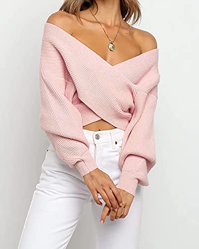 BTFBM Women Casual V Neck Long Sleeve Sweaters Cross Wrap Front Off Shoulder Asymmetric Hem Knitted Crop Solid Pullover(Solid Pink, Small)