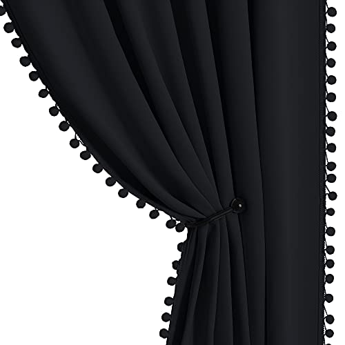 StangH Black Thermal Insulated Curtains - Pom Pom Blackout Small Window Curtains 63 inch for Kitchen/Bedroom/Laundry, Privacy Curtain Panels for Kids, W52 x L63, 2 Panels