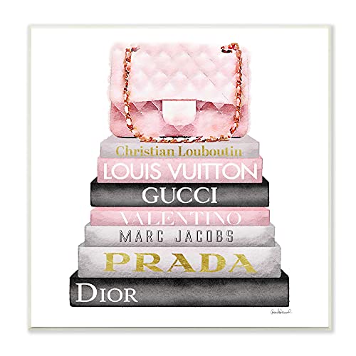 The Stupell Home Décor Collection Watercolor High Fashion Bookstack Padded Pink Bag Wall Plaque Art, 12 x 12