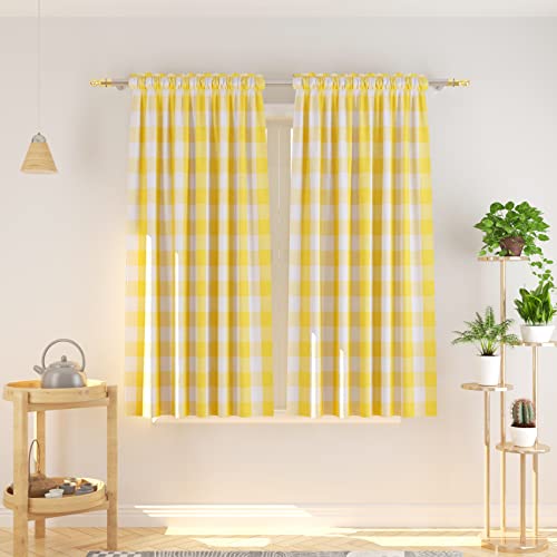 NATUS WEAVER Buffalo Check Curtains 45 inches Long Cotton Basement Yellow and White Gingham Plaid Kitchen Window Curtain Panels Living Room Checker Drapes Bedroom Rod Pocket Window Treatment 2 Panels