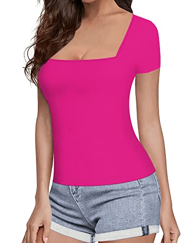 MANGOPOP Womens Short Sleeve/Long Sleeve Square Neck T Shirts Tops Tees (Short Sleeve Rose Pink, Medium)