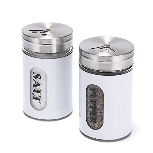 YEEPHENYEEVEE Salt and Pepper Shakers Stainless Steel and Glass Set with Adjustable Pour Holes (White)