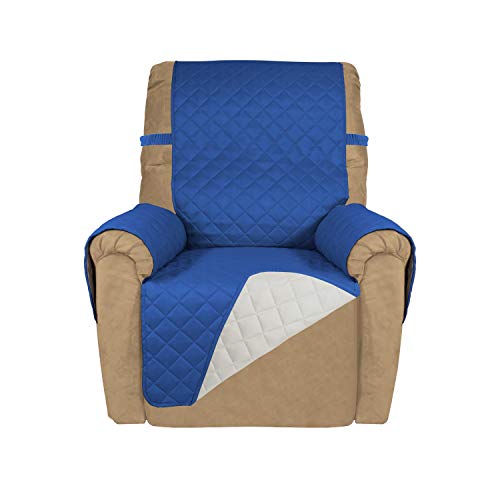 PureFit Reversible Quilted Recliner Sofa Cover, Water Resistant Slipcover Furniture Protector, Washable Couch Cover with Elastic Straps for Kids, Pets (Recliner, Classic Blue/Ivory)