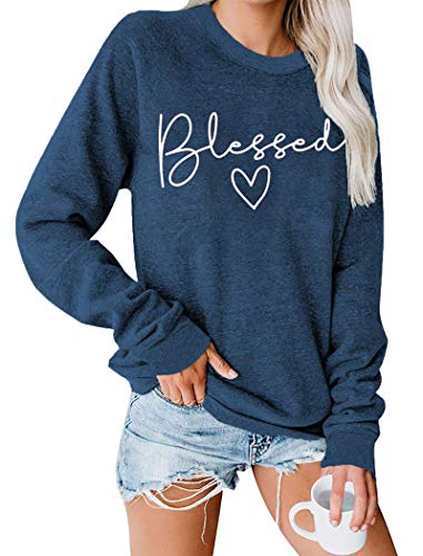 Blessed Sweatshirt for Women Letter Print Lightweight Thanksgiving Pullover Tops Blouse Blue