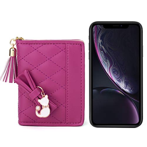 UTO Women PU Leather Small Wallet Cat Pendant Card Phone Holder Zipper Coin Purse Zoey Rose Pink