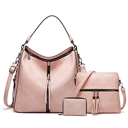 Women Fashion Handbags Wallet Tote Bag Shoulder Bag Top Handle Satchel Purse Set 4pcs (Pink-C)