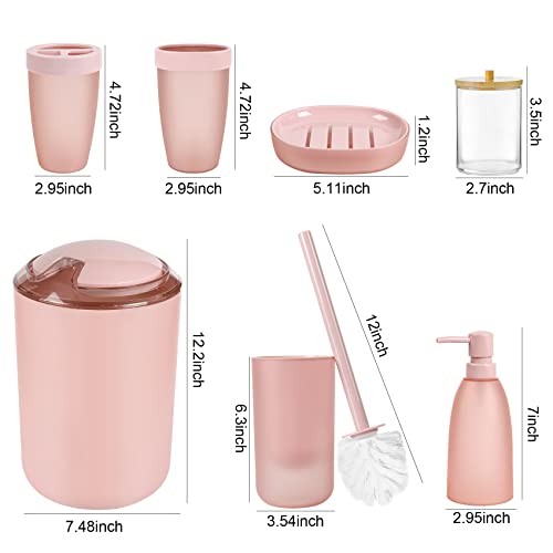 iMucci Pink 8pcs Bathroom Accessories Set - with Trash Can Toothbrush Holder Soap Dispenser Soap and Lotion Set Tumbler