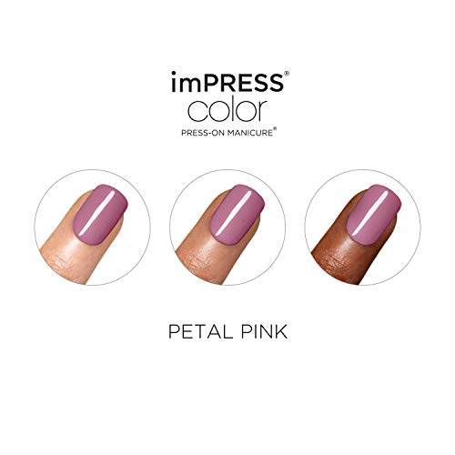 KISS imPRESS Color Press-On Manicure, Gel Nail Kit, PureFit Technology, Short Length, “Petal Pink”, Polish-Free Solid Color Mani, Includes Prep Pad, Mini File, Cuticle Stick, and 30 Fake Nails