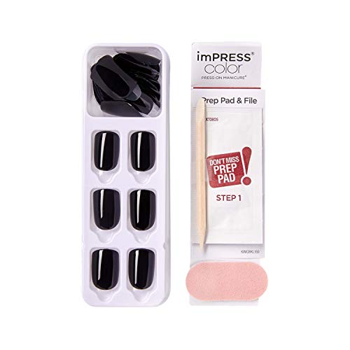 KISS imPRESS Color Press-On Manicure, Gel Nail Kit, PureFit Technology, Short Length, “All Black”, Polish-Free Solid Color Mani, Includes Prep Pad, Mini File, Cuticle Stick, and 30 Fake Nails