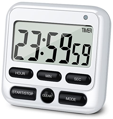 KTKUDY Digital Kitchen Timer with Mute/Loud Alarm Switch ON/Off Switch, 24 Hour Clock & Alarm, Memory Function Count Up & Count Down for Kids Teachers Cooking, Large LCD Display, Strong Magnet (White)