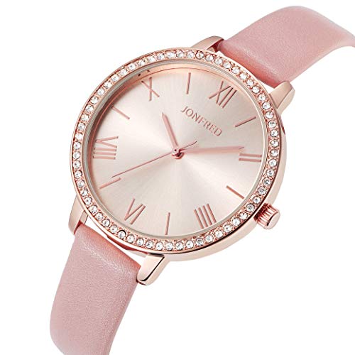 Women's Waterproof Pink Easy Read Big Crystal Face Watch w/Pink Leather Band