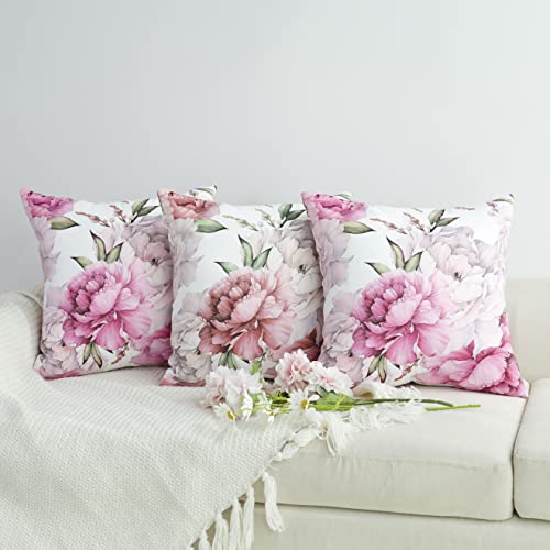 Pink & White Peony Blooms Country Flower Indoor/Outdoor Accent Pillow Cushion Covers, Set of 2